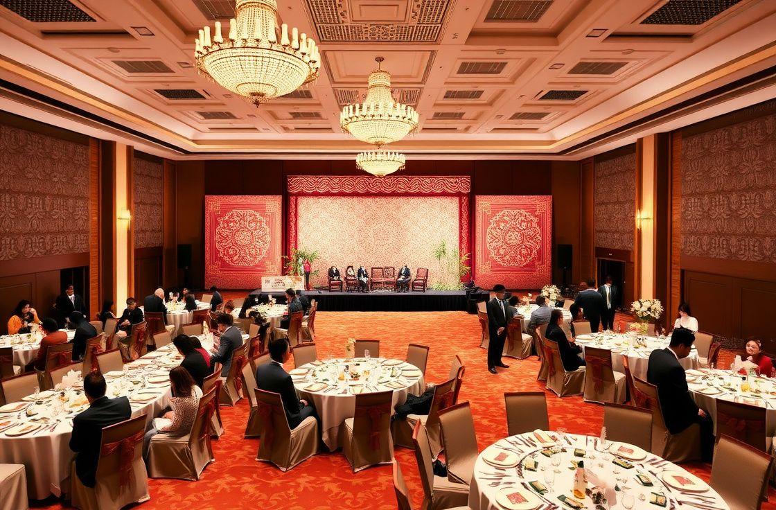 Long banquet tables under chandeliers at a heritage gala dinner