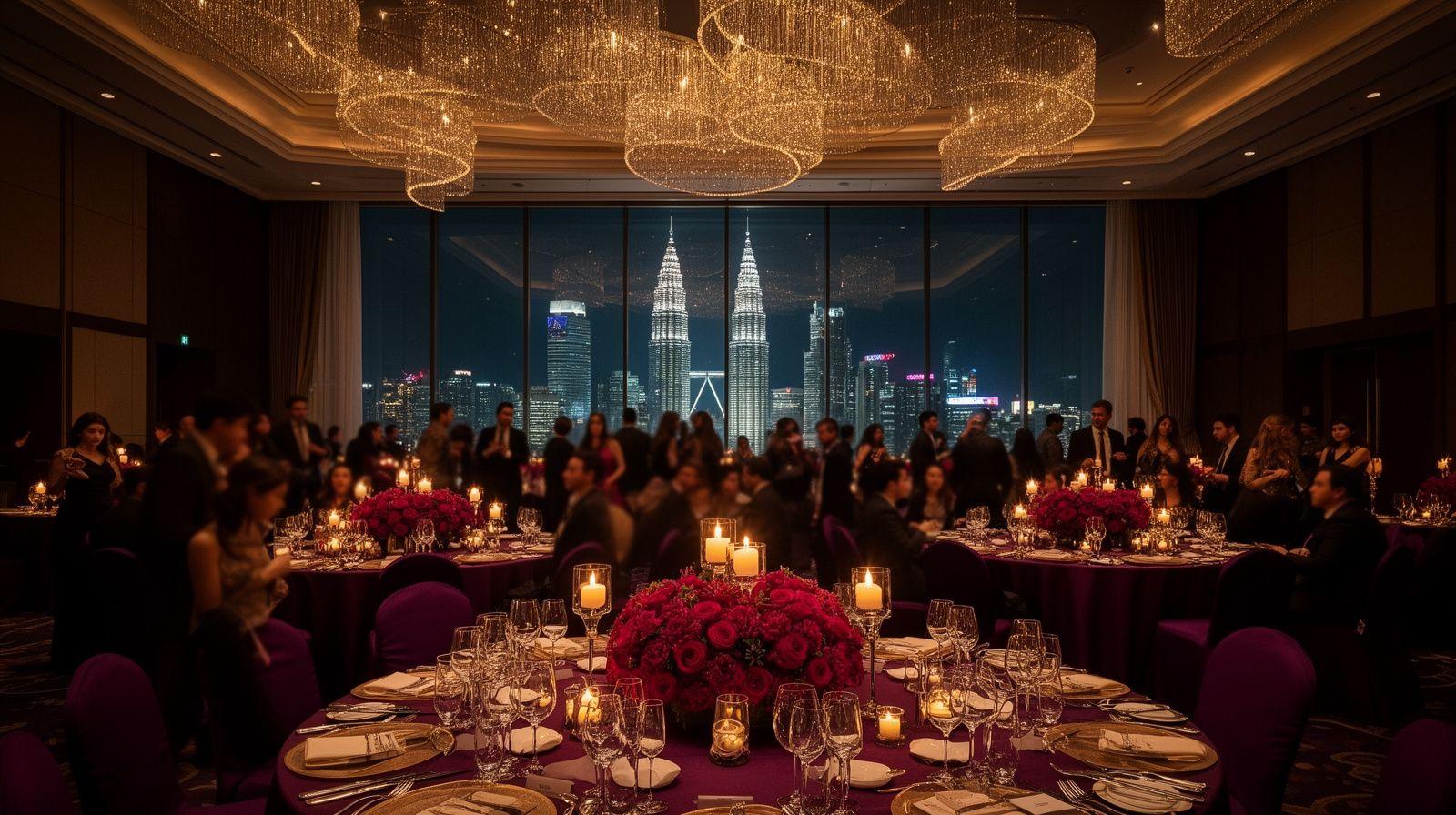 Gala dinner in a Kuala Lumpur ballroom with city skyline views