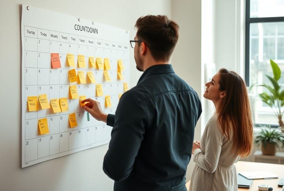 Timeline wall chart with sticky notes for a product launch