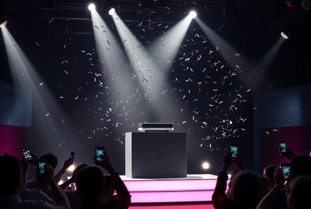 Product reveal on stage under spotlights with confetti