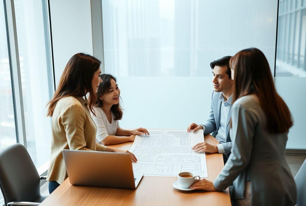 Producers reviewing floor plans with a client