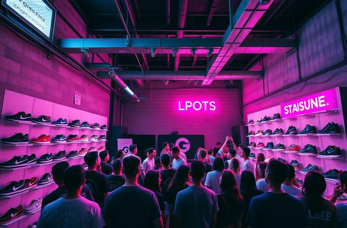 Crowd at a streetwear launch party in an industrial warehouse