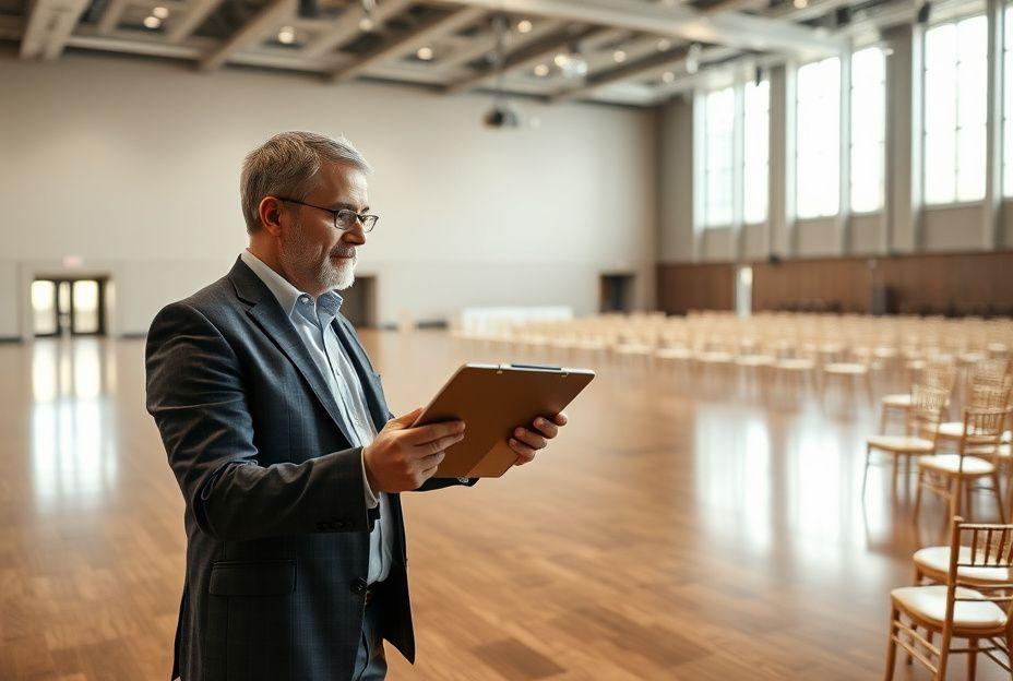 Event planner inspecting an empty ballroom with a tablet